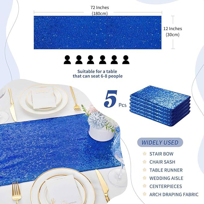 Sequin Table Runners 5 Pieces Royal Blue Table Runners 12x72 Inch Glitter - Image 3