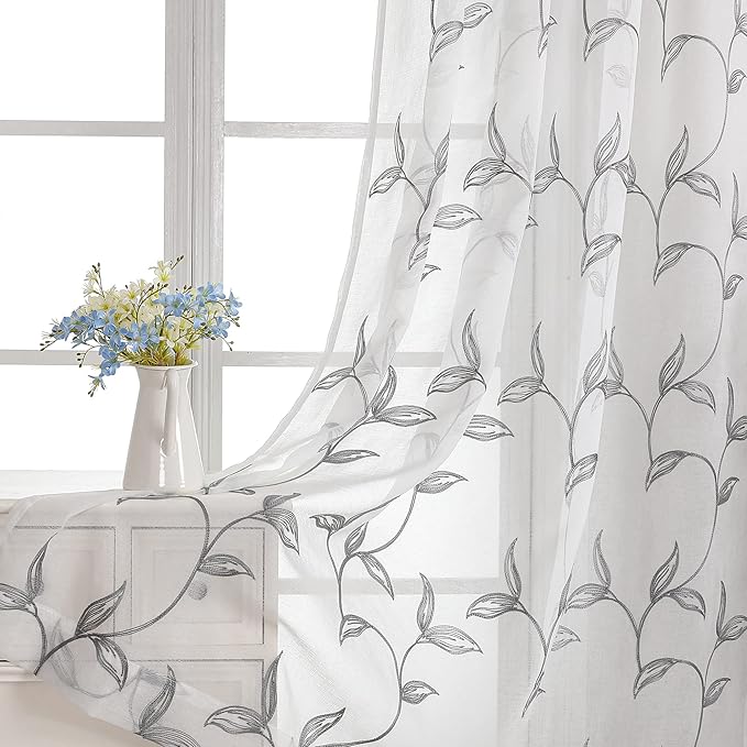 VISIONTEX Sheer Curtains 63 Inch Length 2 Panels, Decor Iron Grey Vine Leaves by VISIONTEX
