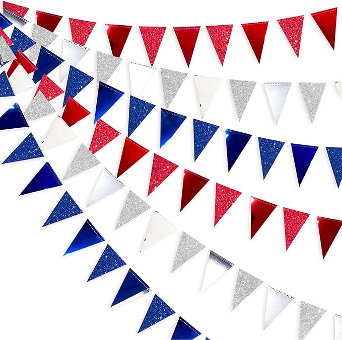 30 Ft Red Silver Blue Triangle Pennant Banner Bunting Hanging Paper Flag Garland by pinkblume
