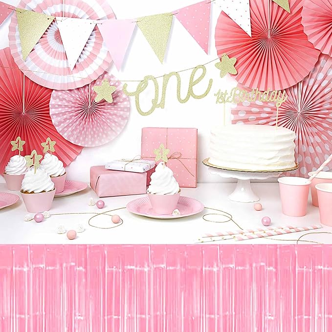 3 Pack 29 x108 Inch Macaron Pink Foil Fringe Table Skirts Metallic Banner - Image 6