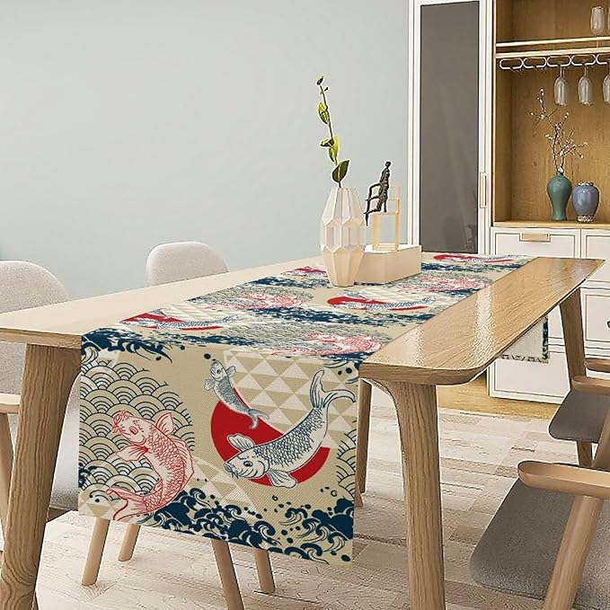 Japanese Table Runner Oriental Tradition Kio Fish Art Printed Burlap Runner - Image 5