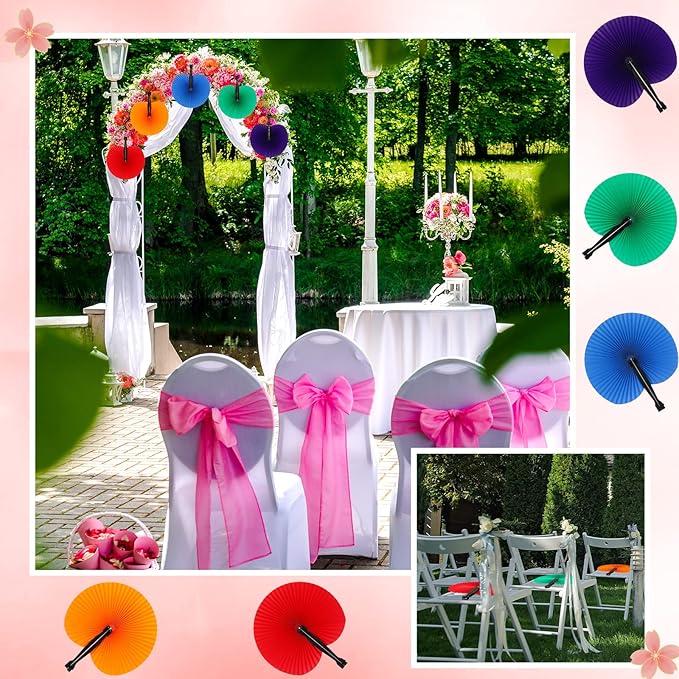 Handepo 200 Pieces Wedding Fans Folding Paper Fans Paper Fans Round Shaped - Image 5