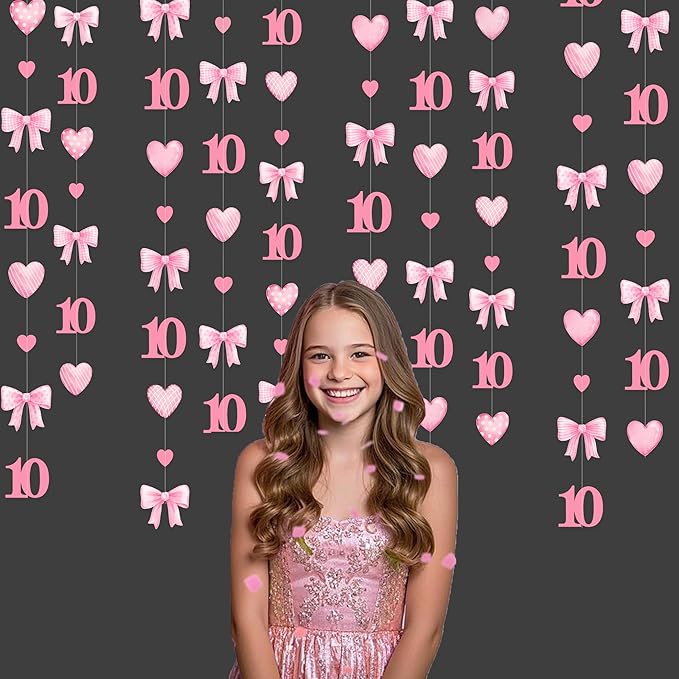 40Ft Pink 10th Bow Birthday Decorations Hot Pink Conquette Bow Heart Garland - Image 6