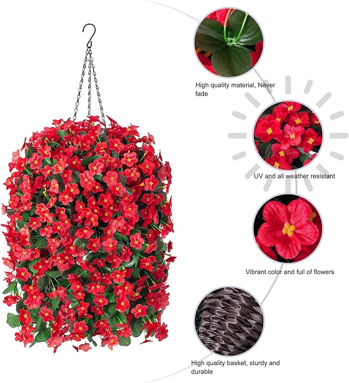 Artificial Fake Red Hanging Flowers Plants Basket - Image 4