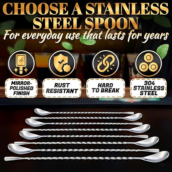 8 Pcs Bar Spoon Cocktail Mixing Spoon – 12'' Stainless Steel Cocktail Stirrers - Image 3