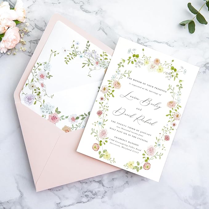 PONATIA 50PCS A7 Euro Flap Envelopes, 5.25 x 7.25'' Blush Pink Flowers Liner - Image 5