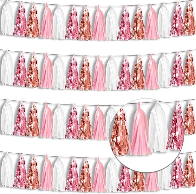 4P Rose-Gold Pink White Foil Fringe Tassel Banner Garland Metallic Tinsel by Xuuf