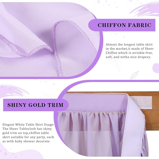 QueenDream 14ft Lavender Chiffon Table Skirt Purple Sheer Tablecloth - Image 2