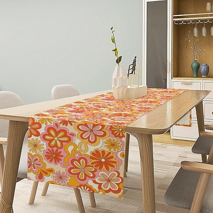 Vintage Floral Table Runner, 70s Style Retro Daisies Flower Hippie Table Runner - Image 2