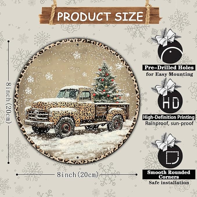 Round Leopard Truck Metal Tin Sign Rustic Wall Decor Christmas Wreath Sign - Image 2
