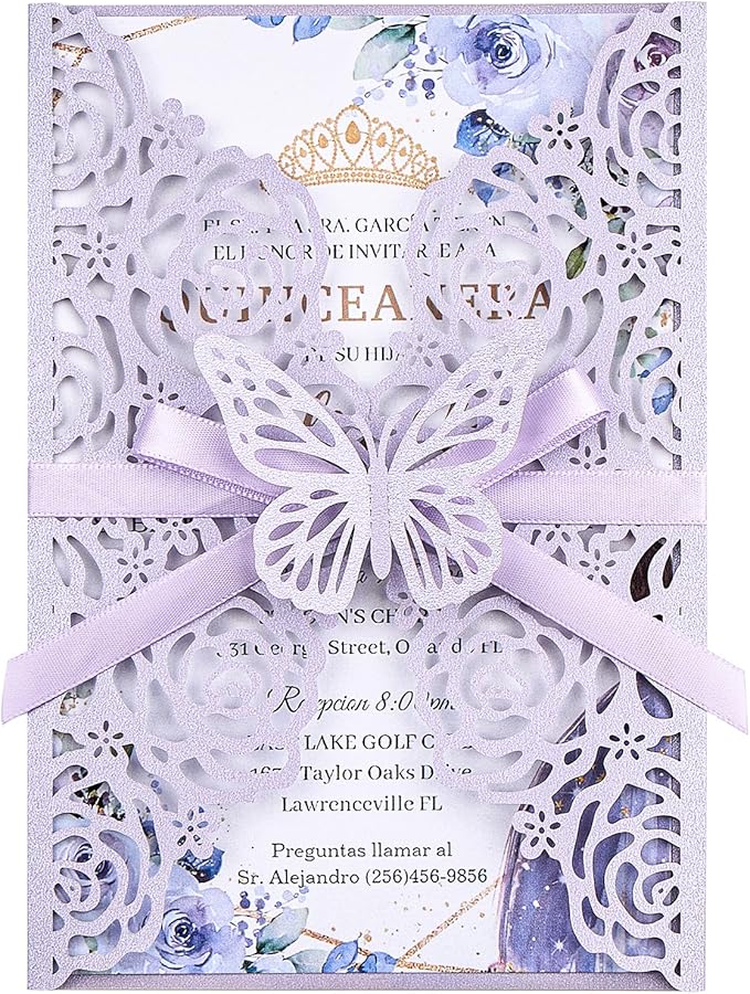 Purple Butterfly Laser Cut Wedding Invitations 50 Set, Hollow Out Rose Shaped by Maffily