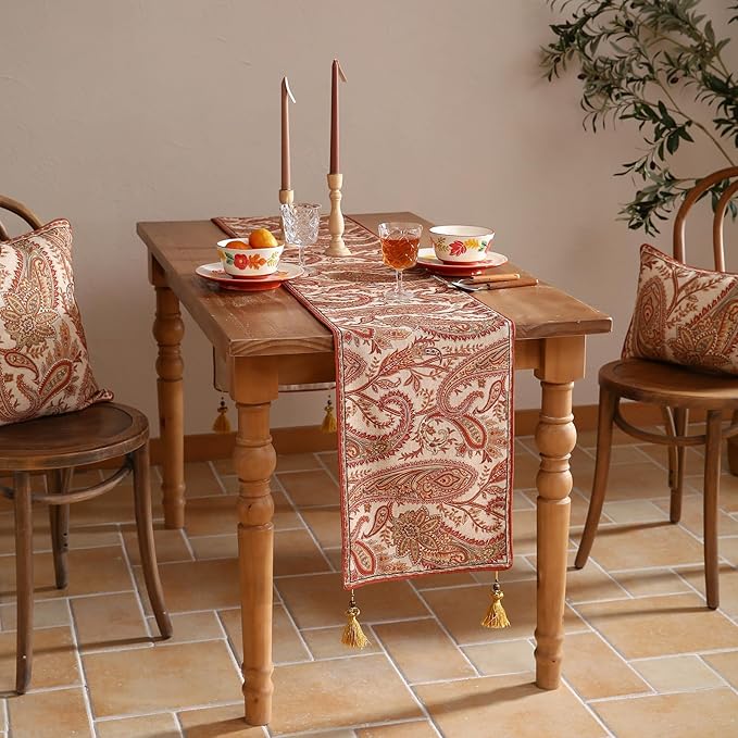 ISAENNE Designer Elegant Red Linen Table Runner 102 Inches Long, Vintage - Image 6