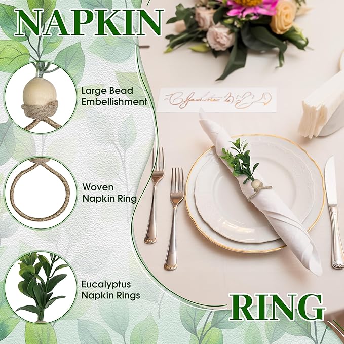 MAOANME Napkin Rings Set of 12, Rustic Eucalyptus Napkin Holder Rings - Image 3
