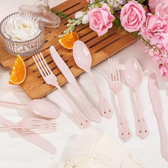 WDF 120 Pieces Heavy Duty Pink Plastic Silverware - Image 7