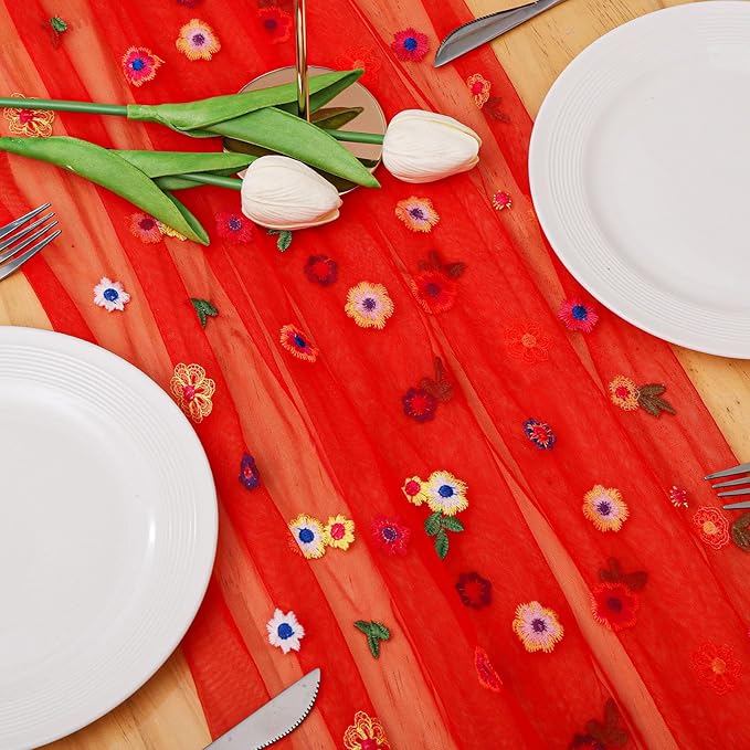 BINBE 3pcs Daisy Fall Table Runner Embroidery Gauze 10FT Florals Seasonal Tulle - Image 3