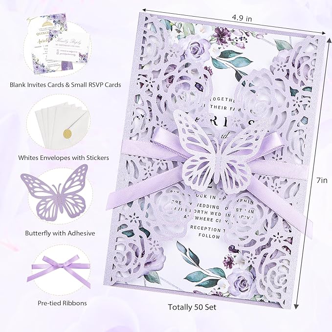 Purple Butterfly Laser Cut Wedding Invitations 50 Set, Hollow Out Rose Shaped - Image 2