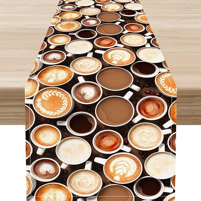 Coffee Theme Table Runner, Farmhouse Coffee Cup Latte Cappuccino Tea Party by Unknown