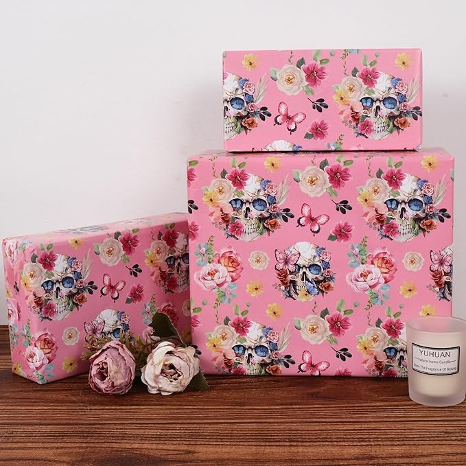 Aimyoo Gothic Wrapping Paper Roll, 17 Inch X 16.5 Feet Skull Floral Butterfly - Image 4