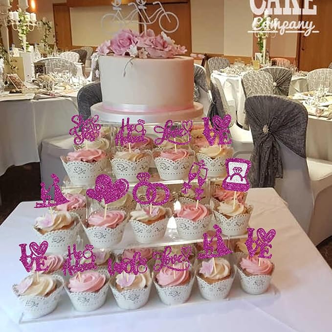 Ephlyn 30Pcs He Asked She Said Yes Cupcake Toppers Glitter Engagement Cupcake - Image 5