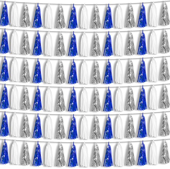 6P Navy-Blue White-Silver Tassel Garland Banner, Tassels Banner Streamers by HYSILLA