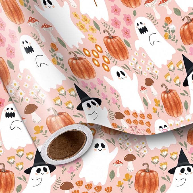 LeZakaa Pink Halloween Wrapping Paper Roll, Cute Ghosts Pumpkins Fall Florals by LeZakaa