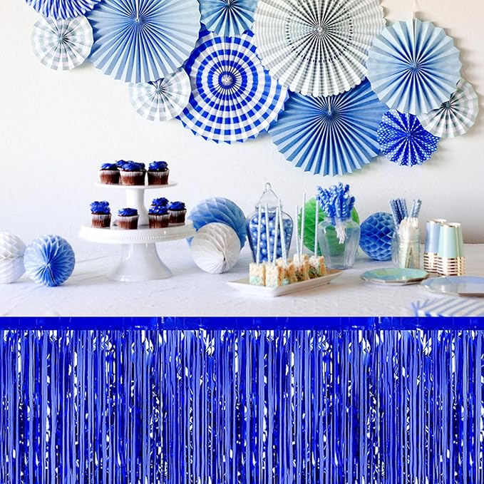 3 Pack 29 x108 Inch Blue Foil Fringe Table Skirts Metallic Banner - Image 4