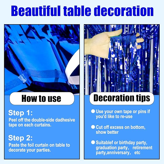 3 Pack 29 x108 Inch Blue Foil Fringe Table Skirts Metallic Banner - Image 3