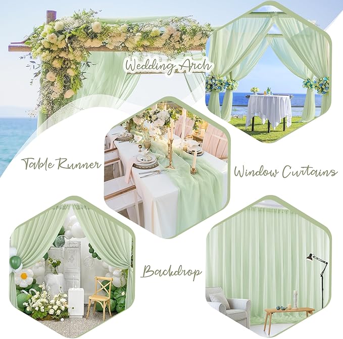 PARTISKY 10x10ft Sage Green Chiffon Sheer Backdrop Curtains, Wrinkle-Free - Image 2