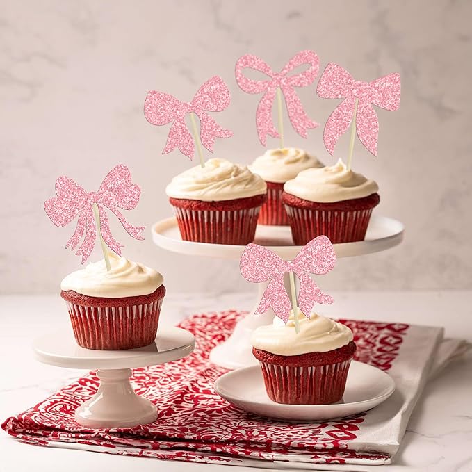 Gyufise 36Pcs Bow Cupcake Toppers Glitter Girls Birthday Decorations Bowknot - Image 6