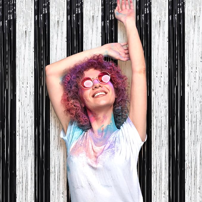 2 Pack Black and Silver Tinsel Foil Fringe Curtains, Metallic Tinsel Party - Image 7
