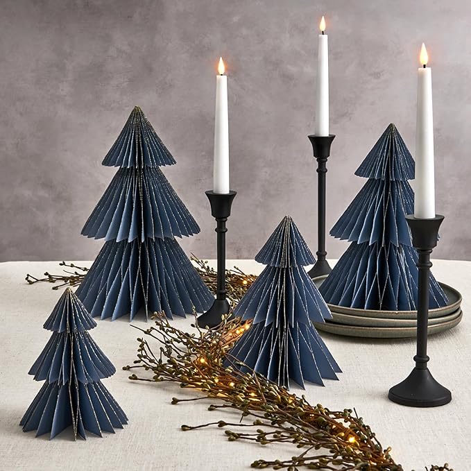 LampLust Winter Ornaments, 2 Pack Dusty Blue Honeycomb Paper Trees, 6 & 8 in - Image 8