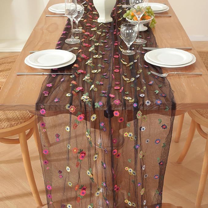 Black Embroidery Daisy Fall Table Runner 120Inch 10FT Florals Soft Sheer Tulle - Image 5