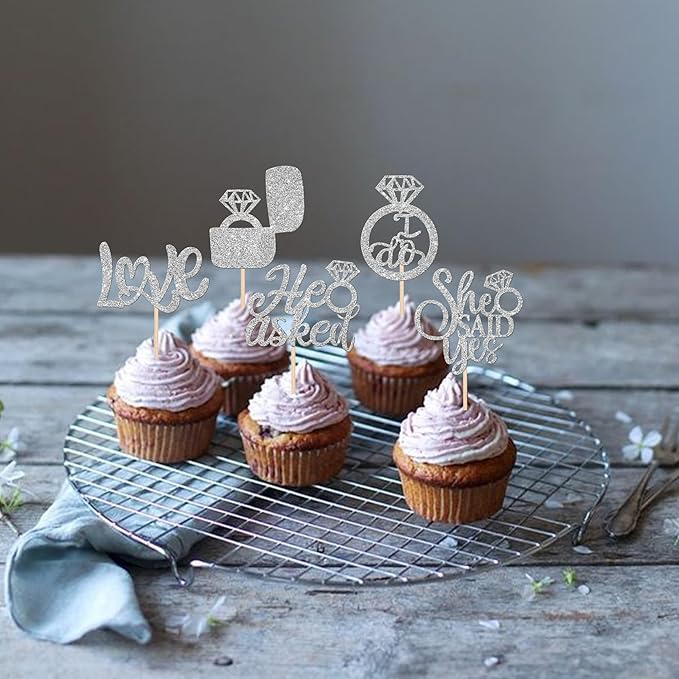 30 PCS He Asked She Said Yes Cupcake Toppers Diamond Ring Cupcake Picks Love I - Image 6