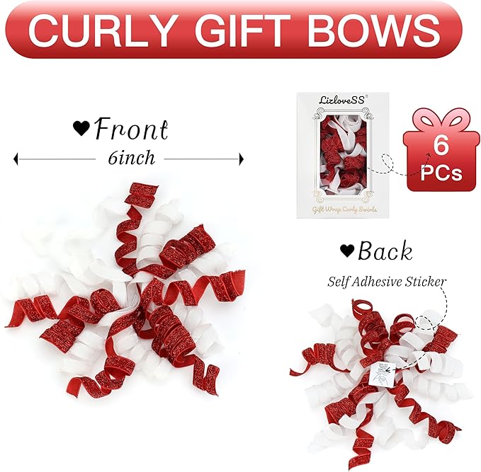 6" Metallic Glitter Red and White Self Adhesive Curly Ribbon Gift Wrap Bows - Image 2