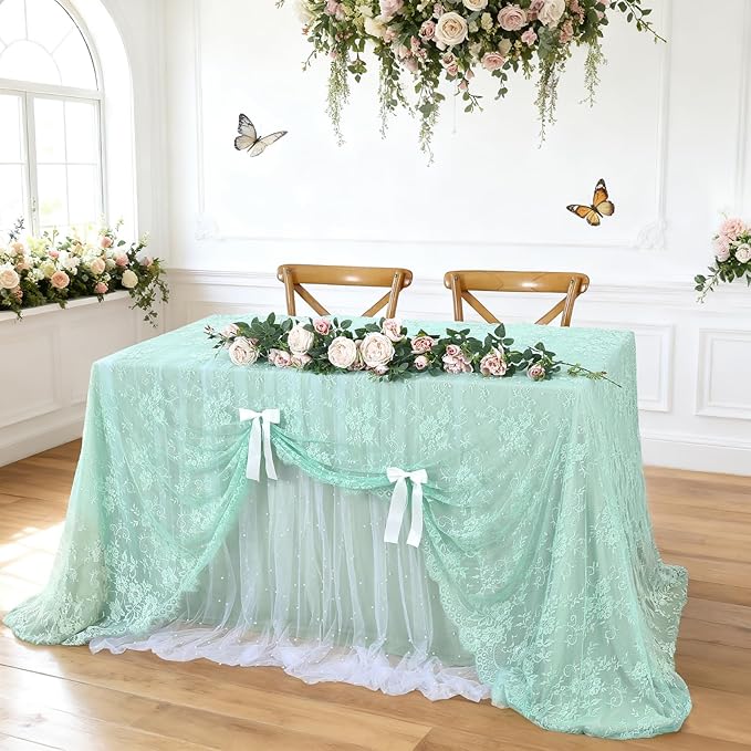 LuoluoHouse Green Lace Tablecloth 6pcs Table Fabric 60x120 Inch - Image 3
