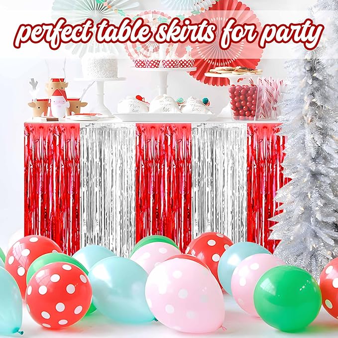 3 Pack Red and Silver Foil Fringe Table Skirts Metallic Tinsel Streamers - Image 7