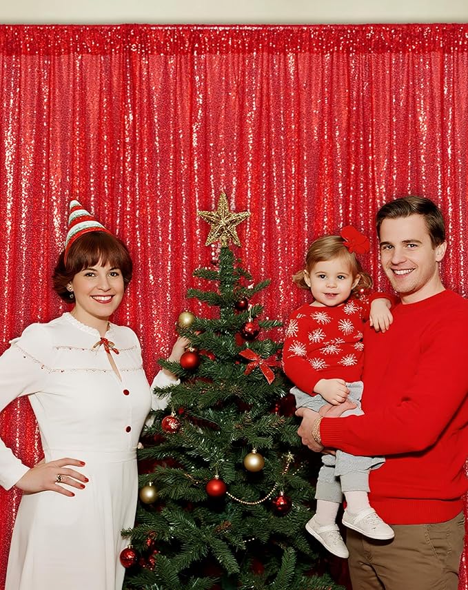 Eternal Beauty Red Sequin Backdrop, 8x8 Ft Glitter Background Curtains - Image 6