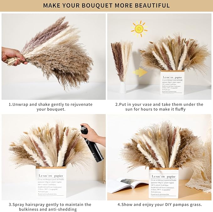 135Pcs Dried Pampas Grass Decor, Boho Home Decor, Mini Bunny Tails Dried Flowers - Image 3
