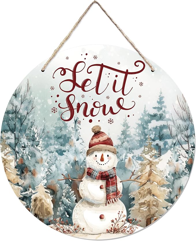 CGBHW Winter Snowman Wooden Sign, Christmas Xmas Pine Tree Landspace Hanging by CGBHW