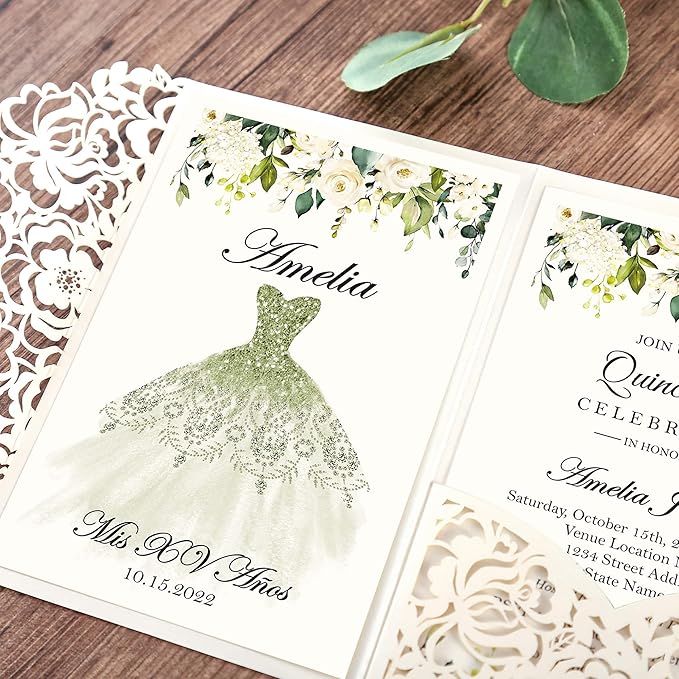 DORIS HOME 50pcs Laser Cut Quinceanera Invitations Green and Ivory White - Image 4