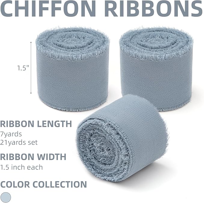 3 Rolls Dusty Blue Handmade Chiffon Ribbon, 1.5" x 21Yd Frayed Fringe Silk - Image 2
