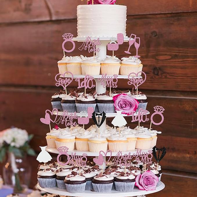 30 PCS Bride to Be Cupcake Toppers Glitter Miss to Mrs I Do Love Heart Ring - Image 5