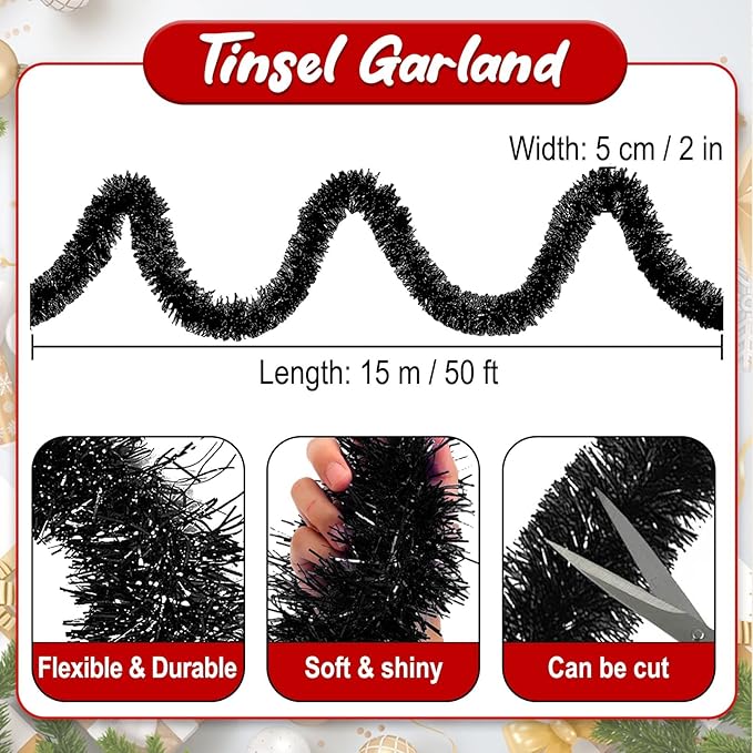 50 Feet Black Christmas Tinsel Garland, Metallic Foil Twist Banner Wall Hanging - Image 2
