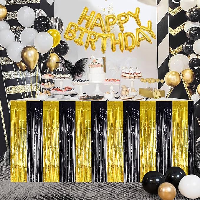 BEISHIDA 2 Pack Black Gold Table Skirts Party Decorations Metallic Tinsel Foil - Image 6