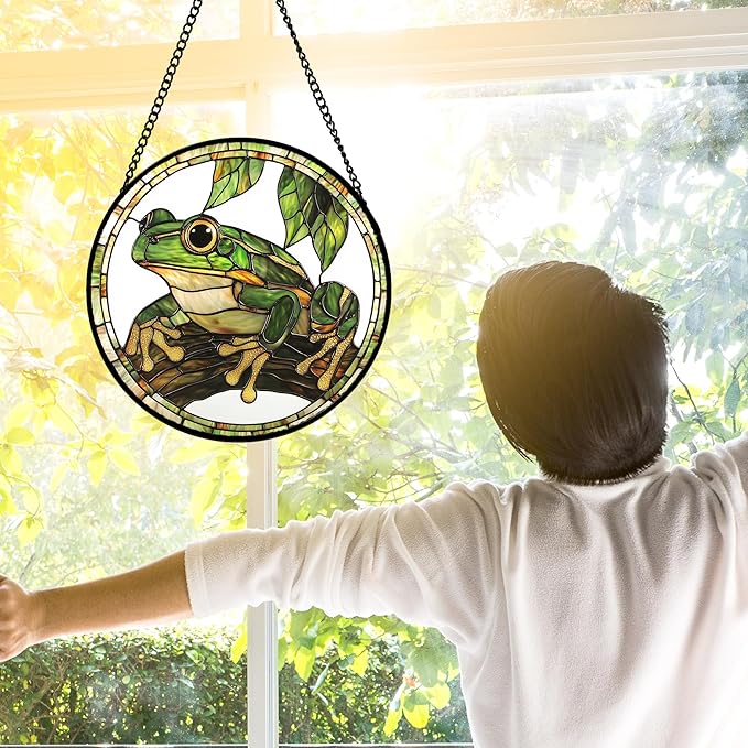 Stained Glass Window Hanging, Frog Green Leaf Sun Catchers Colorful Glass Panel - Image 3