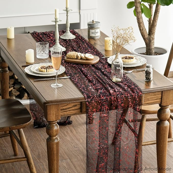 Artoid Mode Black Red Gold Gauze Table Runner 120 Inch 10FT, Glitter Metallic - Image 6