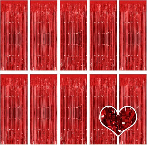10 Pack Red Backdrop Curtain 3.2ft x 8.2ft Metallic Tinsel Foil Fringe Curtains by Ohiyoo