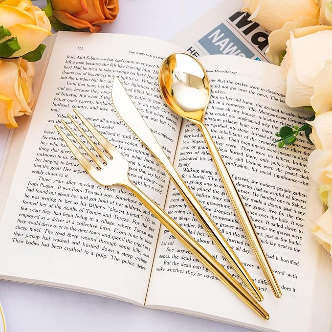 SUT 300 Pcs Gold Plastic Cutlery, 100 Gold Plastic Spoons, 100 Gold Plastic - Image 5