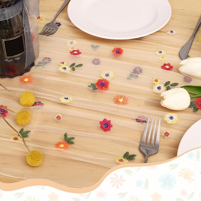BINBE 3pcs Champagne Daisy Fall Table Runner Embroidery Gauze 10FT Florals - Image 5