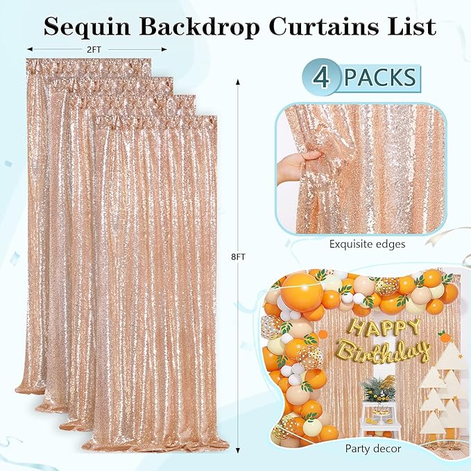 Rose Gold Sequin Backdrop Curtains Panels 4 Pieces 2FTx8FT Wedding Backdrop - Image 5